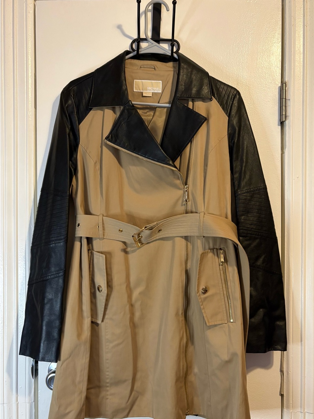 Michael Kors Tan Trench Coat with Black Leather Sleeves